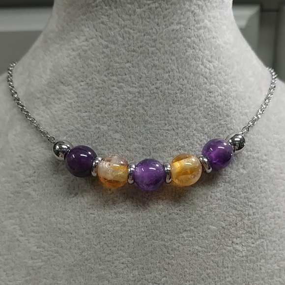 Citrine Amethyst Bead Necklace Natural Gemstone Crystal Stainless-Steel Chain - Picture 4 of 11
